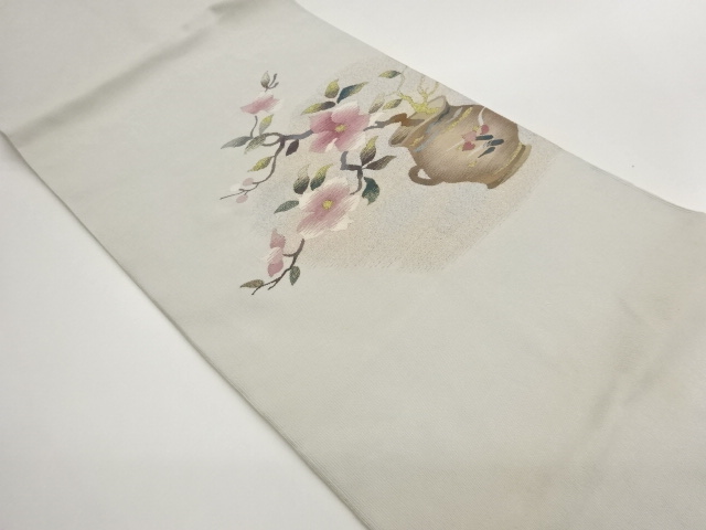 綴れ花瓶に花葉模様織出し名古屋帯